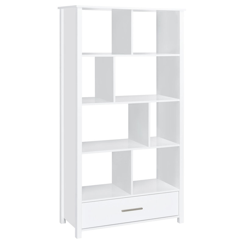 Étagère de rangement à 4 tablettes blanche ultrabrillante avec plateau supérieur et inférieur en verre courbé pour le rangement, servant de paravent dans les espaces de vie principaux, tiroir de bibliothèque de 68 pouces de hauteur, utilisé