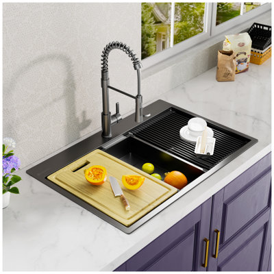 Évier de cuisine 32 po x 22 po en acier inoxydable noir, avec grille inférieure et crépine en acier, noir, design fonctionnel