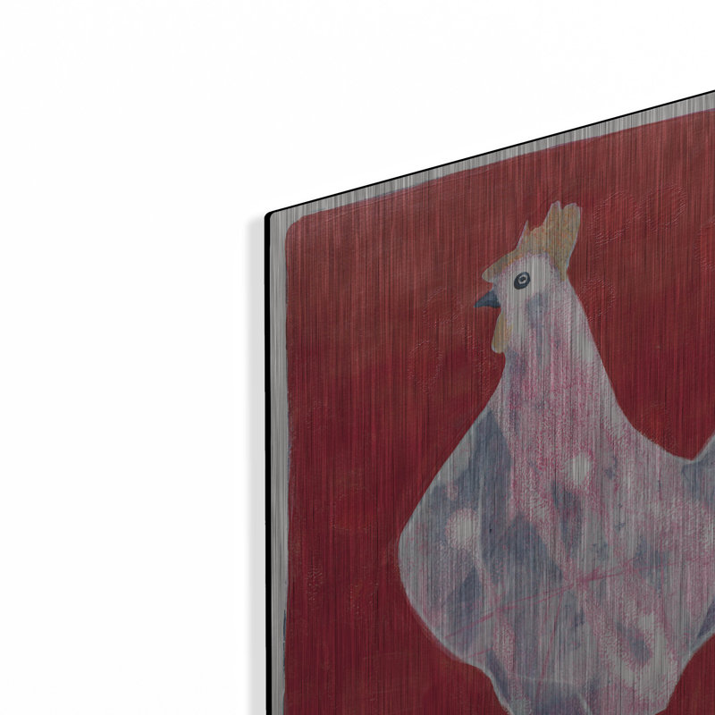 "Poule blanche, fond rouge 3" par Maria Pietri, H 16 po x l 12 po