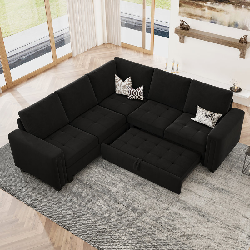 Shavera 84.2" W Velvet Modular Sleeper Sectional with Reversible Chaise , Black Velvet
