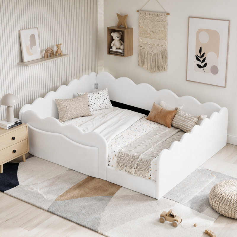 Lit de plancher rembourré, Lit double, Blanc