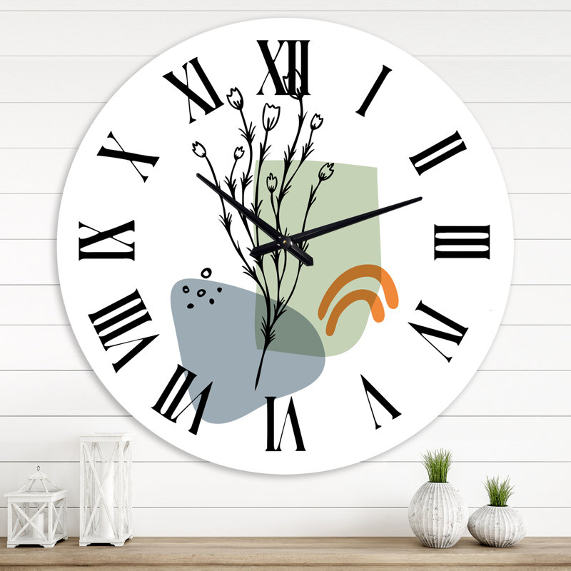 Fleurs abstraites sur formes minimalistes II - Horloge murale moderne, Surdimensionné