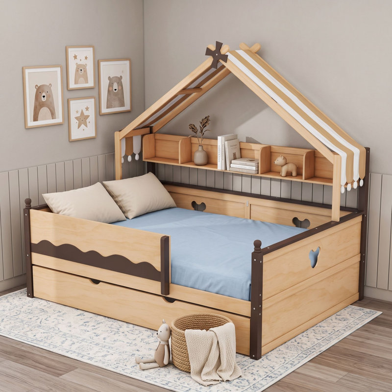 Lit en forme de maison avec bibliothèque et auvent ludique en tissu façon tente, Lit double, Espresso naturel