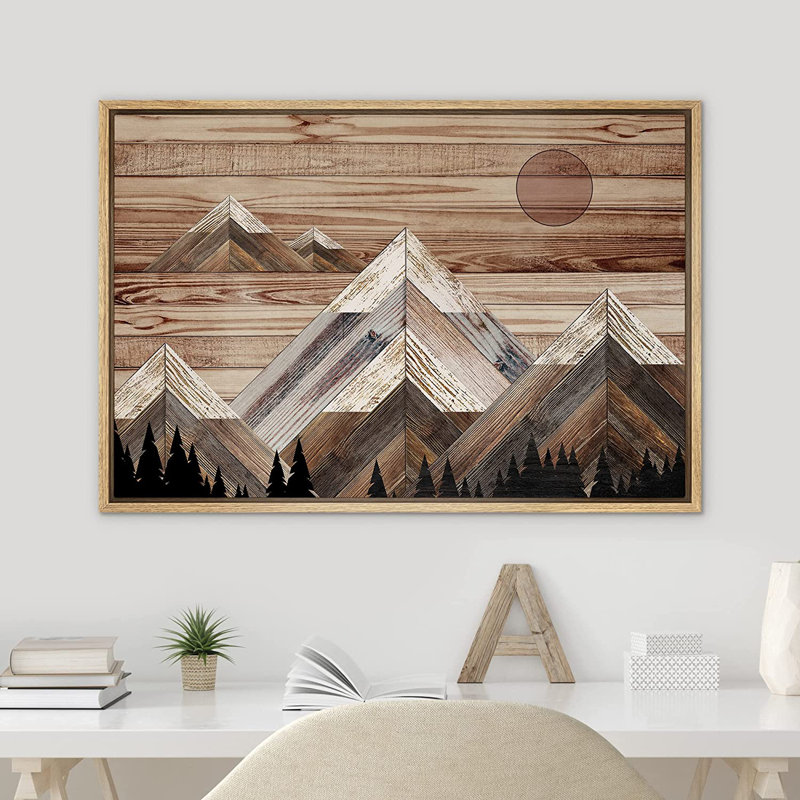 «Western Wood Effect Landscape Sunlight Snowy Mountain Range Sky Nature Wilderness - Floater Frame», impression sur toile
