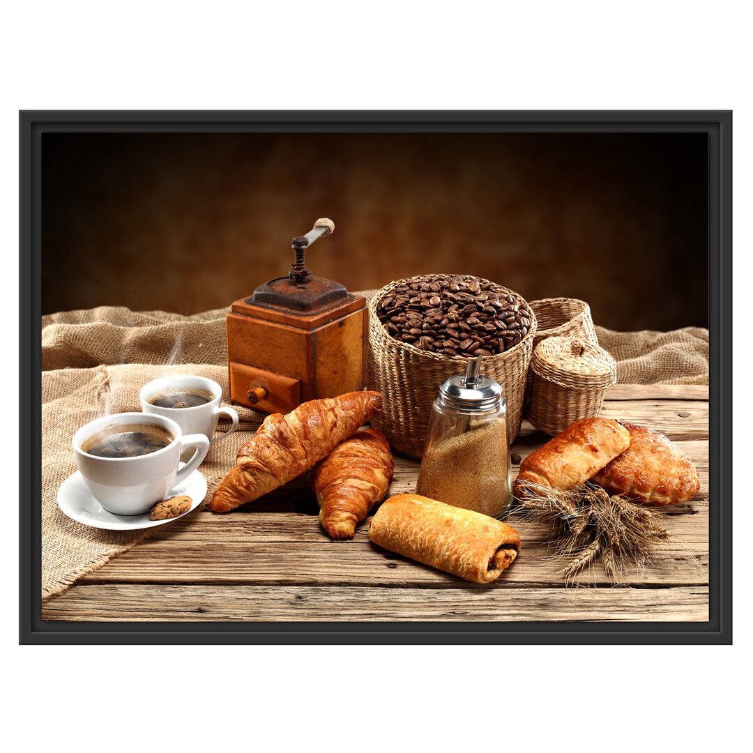 Gerahmtes Wandbild Aromatischer Kaffee mit Croissant