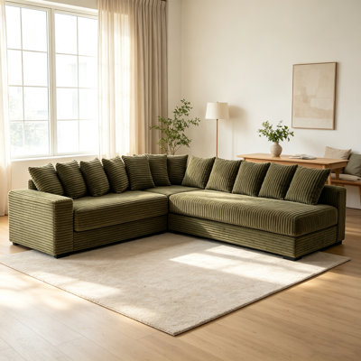 Nouvelle arrivée avec support vidéo, canapé modulaire surdimensionné en forme de L deux pièces, canapé d'angle rembourré en velours côtelé avec accoudoirs carrés, méridienne droite, huit coussins décoratifs assortis, assemblage simple requis, vert