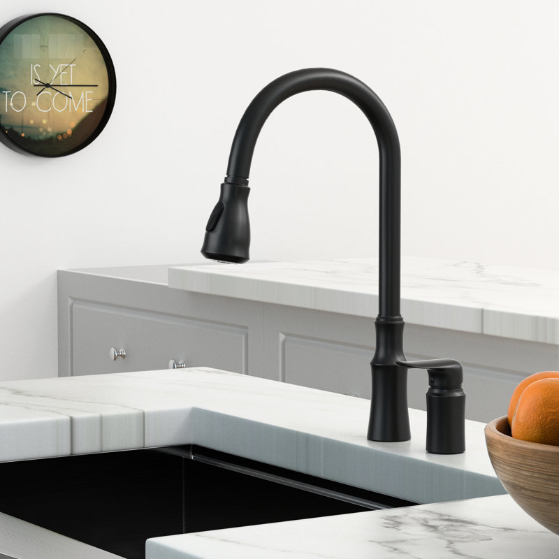 Robinet de cuisine simple noir mat avec poignée séparée, bec flexible rétractable rotatif à 360 ° et buse rétractable, matériau en laiton massif, modes de pulvérisation double pour les tâches, finition facile à nettoyer, 16,9 pouces