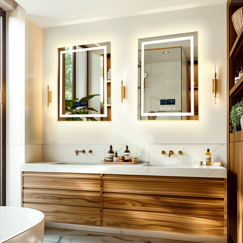 LED Lighted Wall Bathroom Mirror Dimming with Bluetooth Speaker, Front-lit and Backlight, Defog, 80 cm H x 60 cm W
