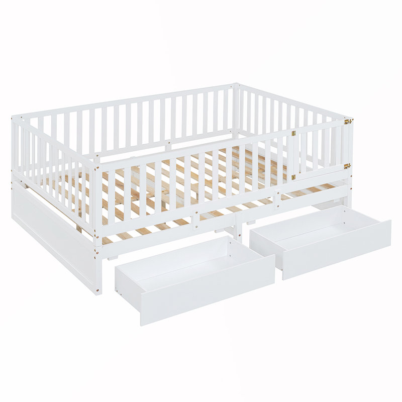 Jordee Wood Daybed with Fence Guardrails and 2 Drawers, White, Full / Double