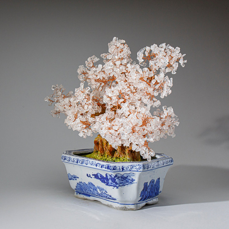Genuine Quartz Gemstone Bonsai Tree in Oval Ceramic Pot (12" H x 13" W)