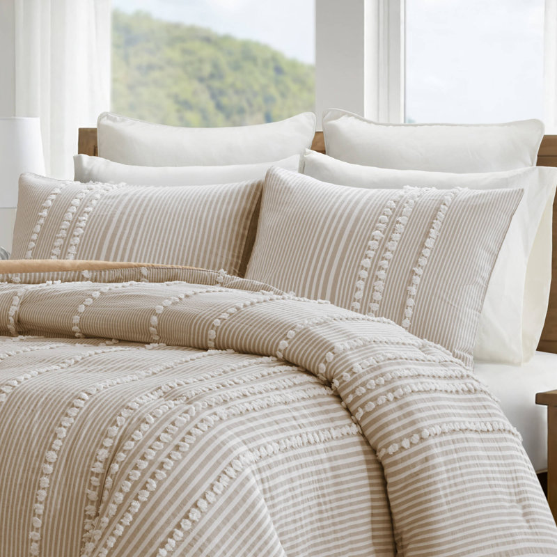 Anslee 100% Cotton Yarn Duvet Cover Set, Full/Queen Duvet Cover + 2 Standard Shams, Beige