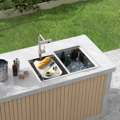 30" L x 22" W Outdoor Workstation Sink 50/50 Double Bowl Drop-in Kitchen Sink 16 Gauge Stainless Steel Sink with Cover