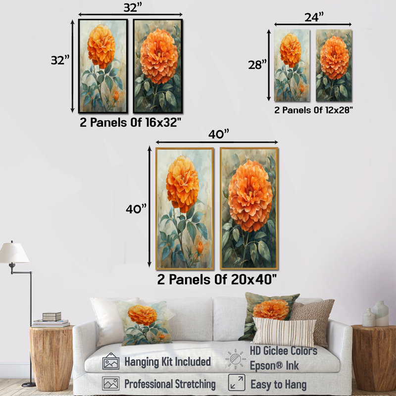 Ensemble de 2 pièces d'art mural orange et vert, Ne s’applique pas, Toile tendue sur cadre, H 28 po x l 24 po