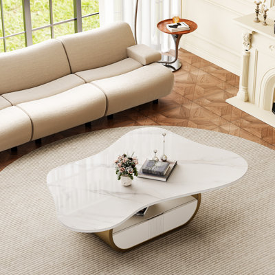 41.7" Gold Coffee Table With Abstract Shaped Design, Faux Marble Stainless Steel Base Coffee Table With Storage