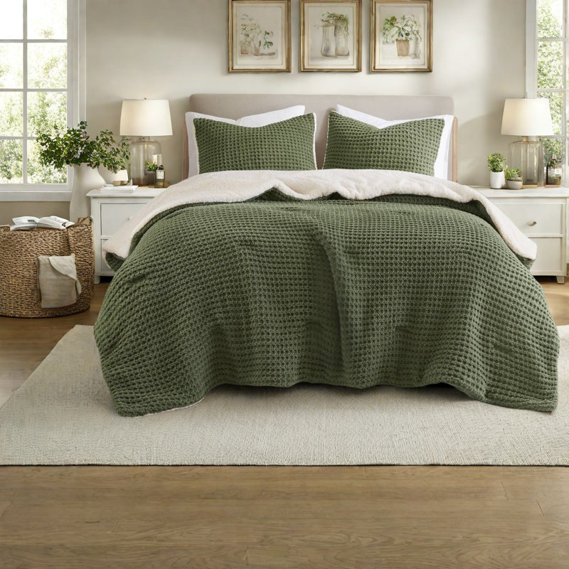Ensembles de literie luxueux en chenille olive, édredon douillet en tricot gaufré pour la maison