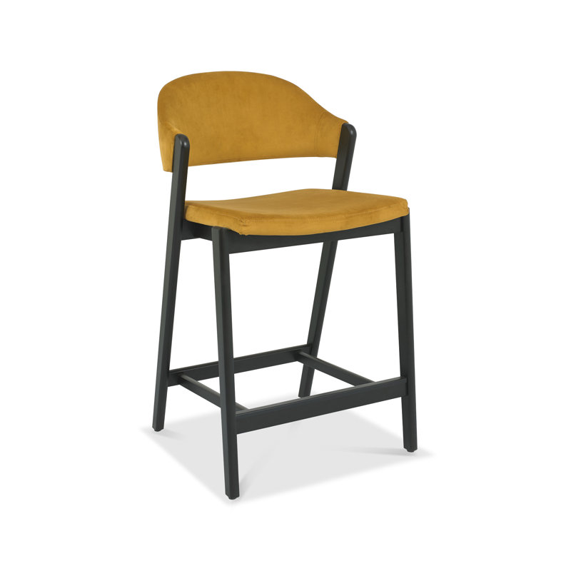 Upholstered Bar Stool with Solid Wood Frame, Mustard, Velvet