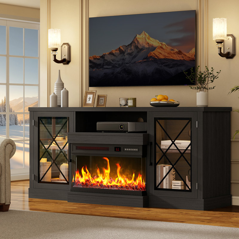 59" 3-Sided Electric Fireplace TV Stand for TVs up to 70", Glass Fireplace Entertainment Center with 24" LED Fireplace, Media Console w/Storage Cabinet & Glass Doors (Black)