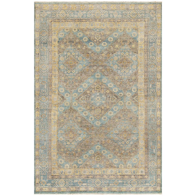 Tapis noué à la main de haute qualité en bleu clair / brun, Rectangle 6 pi x 9 pi