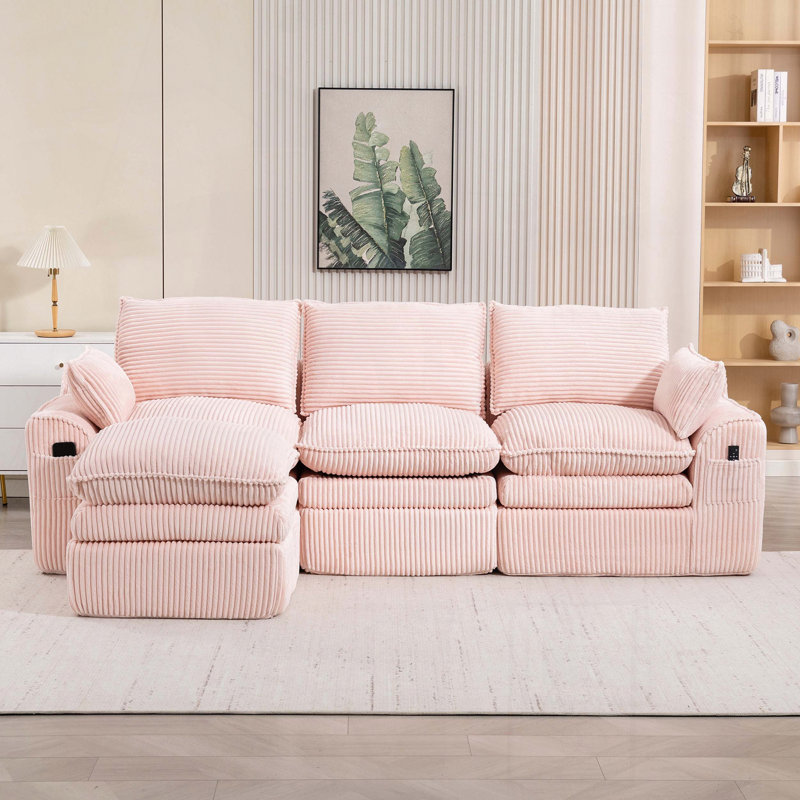 Canapé modulaire en L compressé en tissu velours côtelé, sans assemblage, Rose