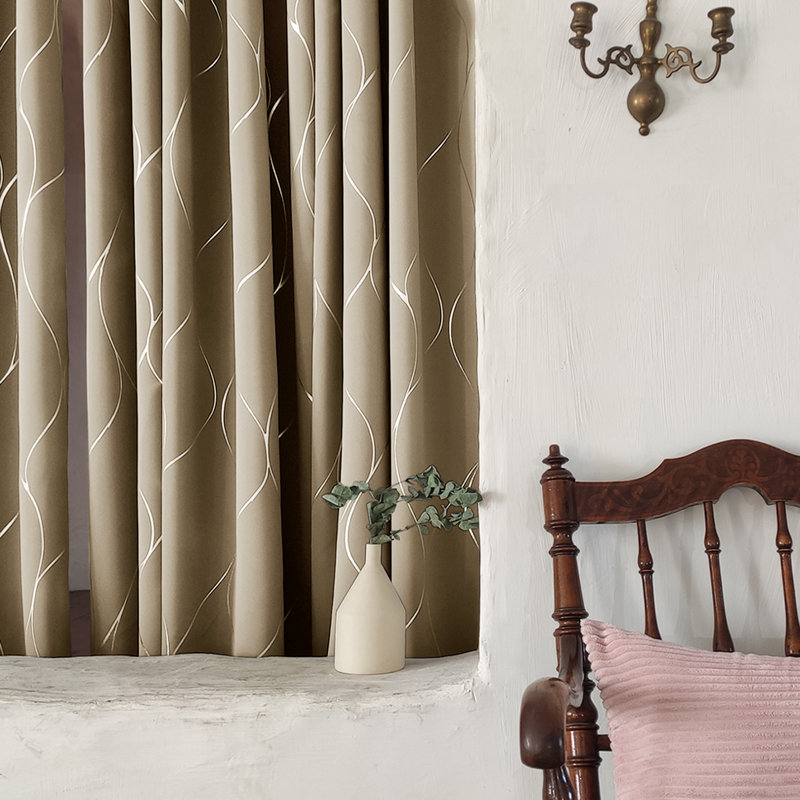 Seligman Wave Foil Printed Room Darkening Thermal Curtains, Width 117 x Drop 138 cm, Taupe