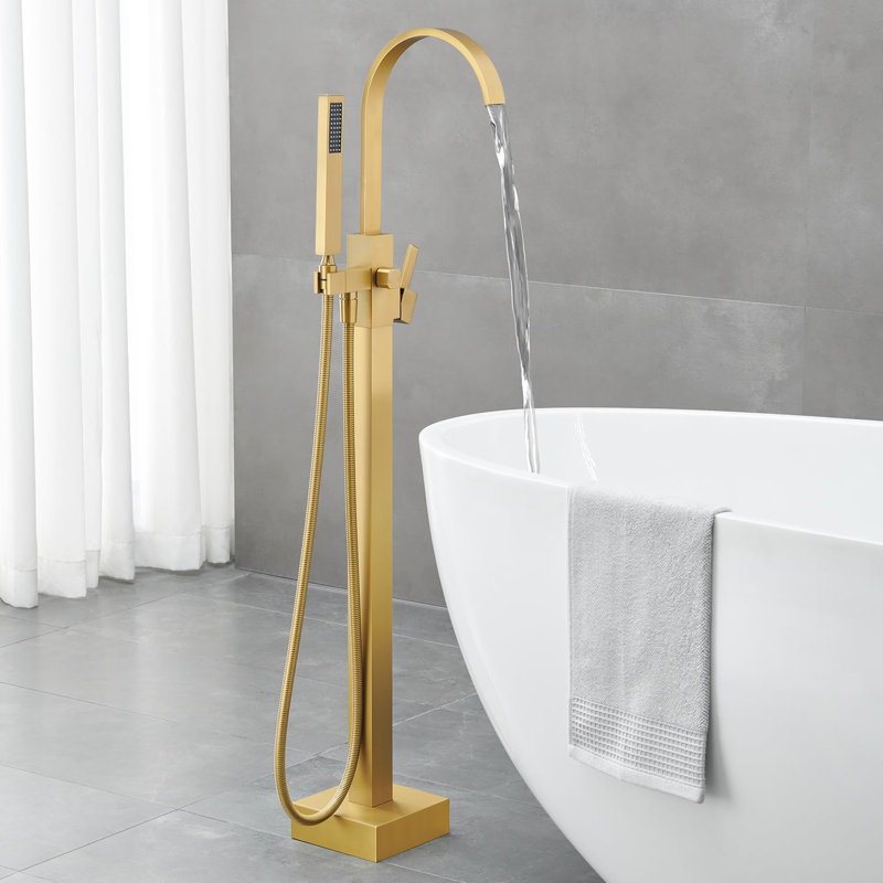 Brushed Gold Freestanding Bathtub Faucet Floor mount Tub Filler with Hand Shower