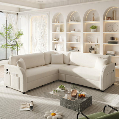 Canapé en L 85,1 po avec lit escamotable, canapé-lit convertible surdimensionné avec poche latérale et port USB, canapé modulaire rembourré en molleton Sherpa, pour salon, appartement, bureau