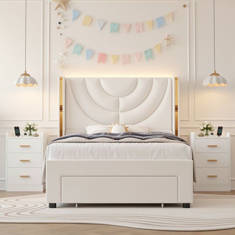 Ensemble de chambre à coucher moderne 3 pièces avec lit de rangement à DEL et tables de chevet, Simple