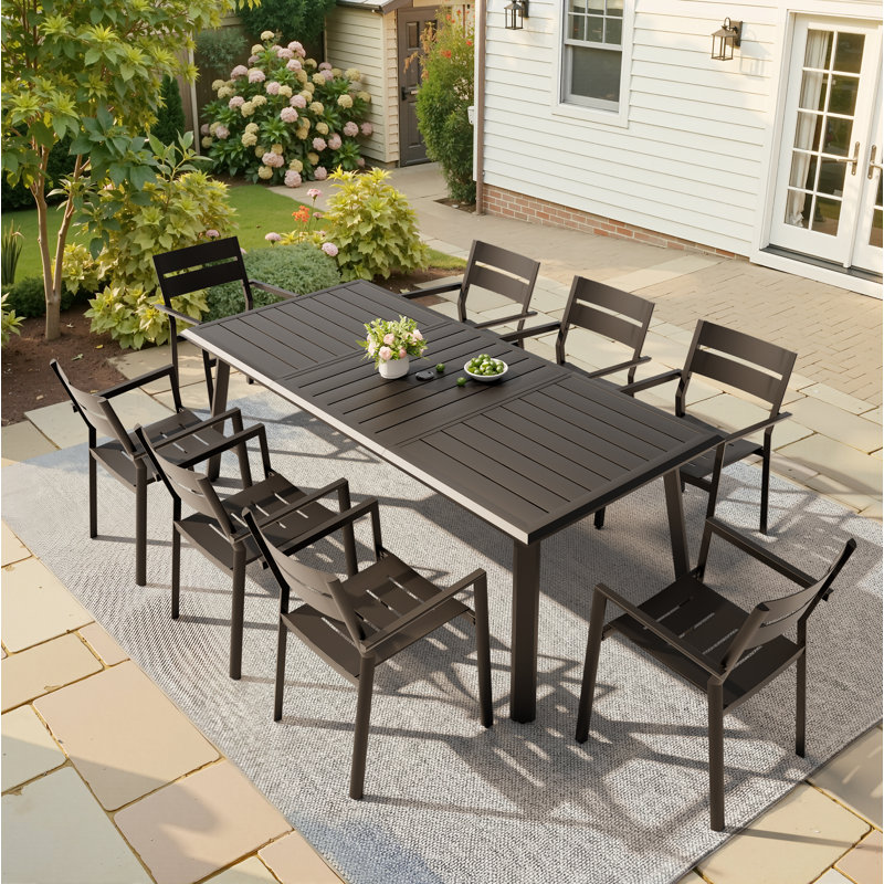 Ensemble de salle à manger en aluminium pour 8 personnes avec trou de parasol et fauteuils empilables