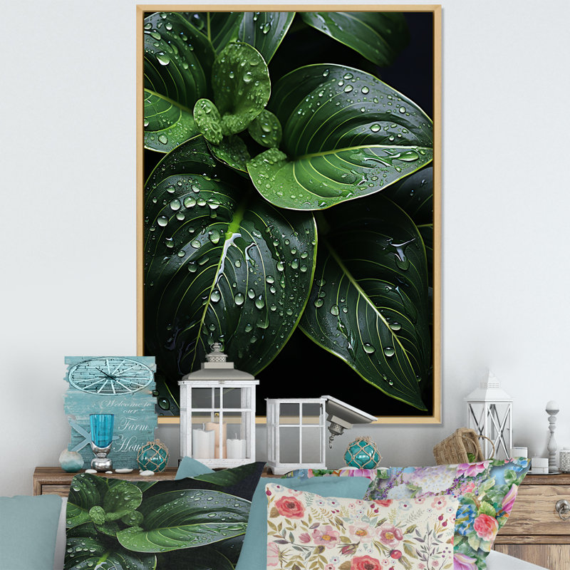 Raindrop Over Green Leafs - Floral & Botanical Canvas Prints, H 32 po x l 24 po x P 1 po, Cadre naturel flottant
