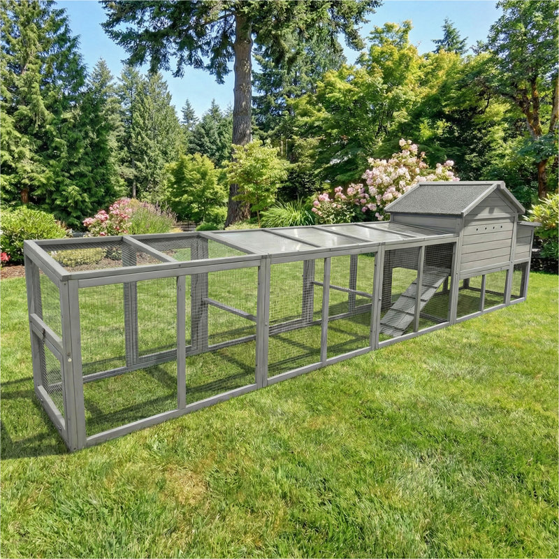 Grand poulailler en bois 141 ＂gris, poulailler d'extérieur avec nichoir, panneau imperméable et anti-UV, clôture grillagée, cage à volaille