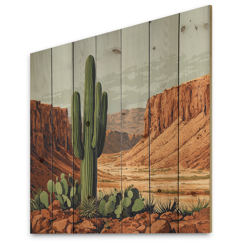 Cactus And The Canyon In Arizona II - Floral Cactus Wood Print - On Natural Pine Wood, 36" H x 36" W x 0.78" D