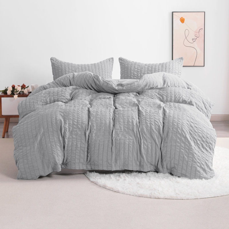 King Navy Blue Seersucker Microfiber Duvet Cover Set