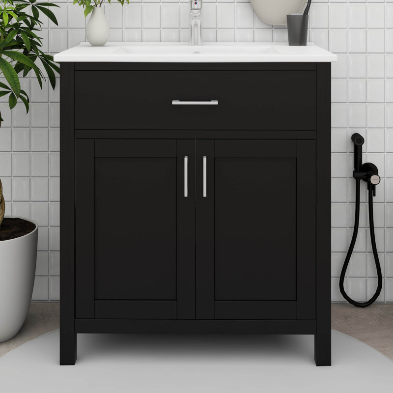 Meuble-lavabo de 30 pouces avec lavabo en céramique et beaucoup de rangement, Noir