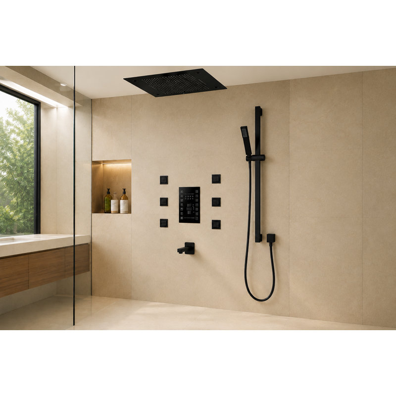 Biella Matte Black Musical Thermostatic LED Shower System with Rainfall and Jets