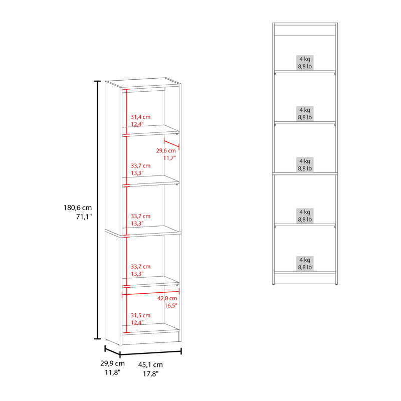 Bibliothèque Home Design mince avec 5 tablettes à niveaux, rangement vertical sur pied