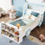Lit simple bleu et blanc en forme de voiture, rangement pour les essentiels et plateforme basse, lit de construction, organisation de chambre à coucher avec tablettes, construction à niveau-1807438174