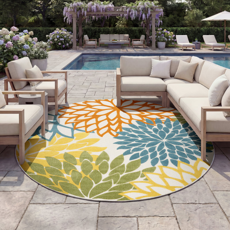 Tapis intérieur / extérieur floral Armone, Rond 7 pi 10 po