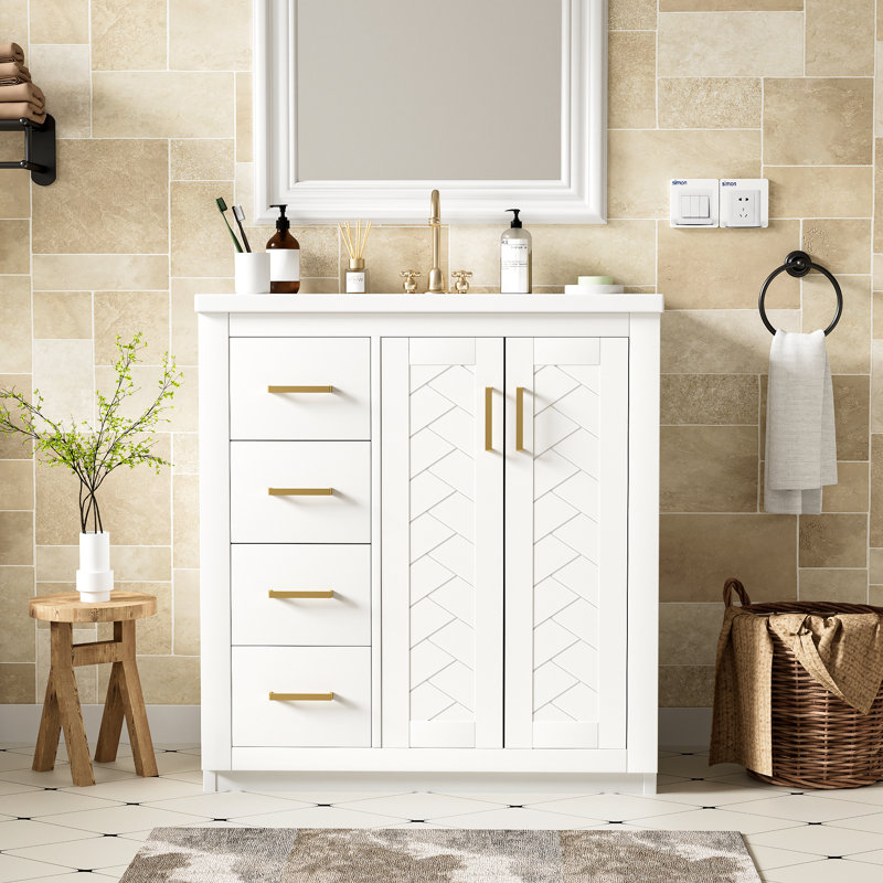 Meuble-lavabo pour salle de bain, Blanc, Doré