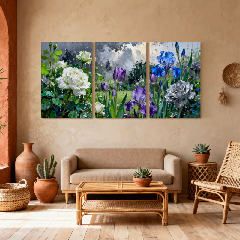 Plantes et fleurs, gouttes de pluie sur une scène de jardin, ensemble de 3 impressions sur toile, H 30 po x l 60 po
