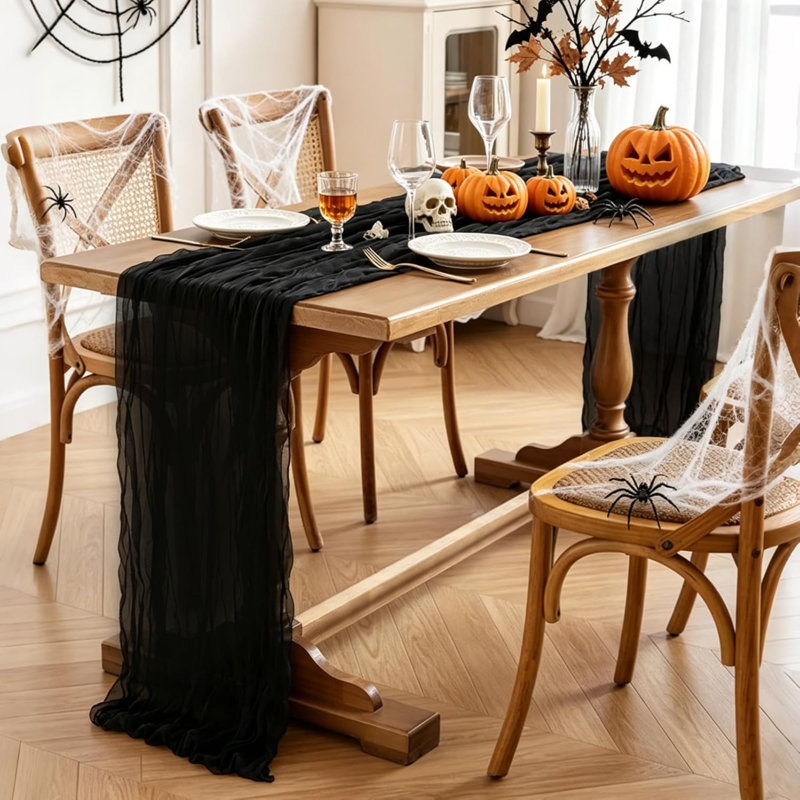 Chemin de table noir, chemin de table en étamine 10 pi noir, chemin de table 35 * 120 pouces Boho pour décorations de fête de table d'Halloween
