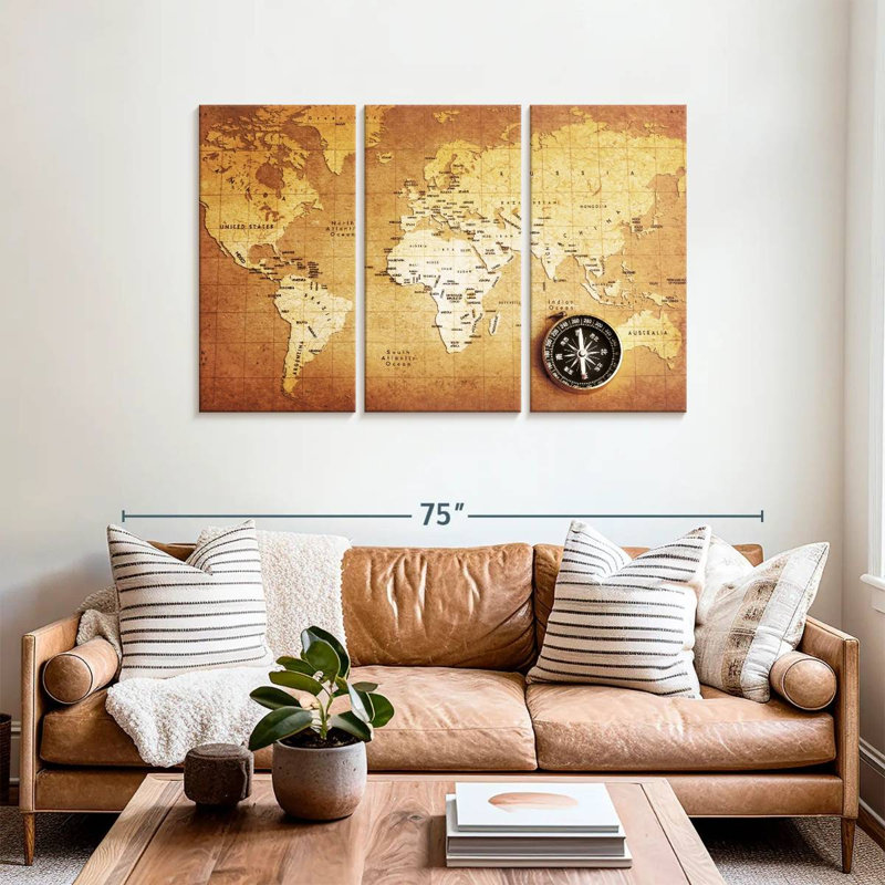 Aliaz Brass Compass Map, 36" H x 57" W