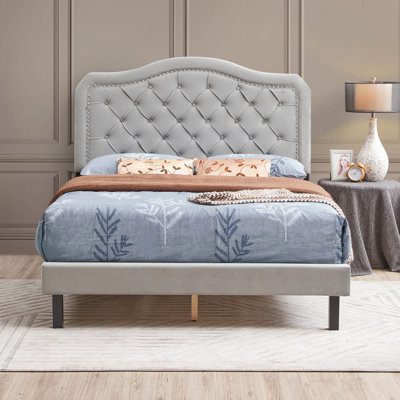 Élégant lit plateforme tapissier en velours gris avec capitonnage à boutons et design incurvé, support en lattes de bois robuste pour plus de confort et de durabilité