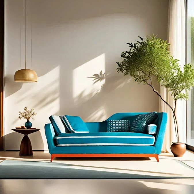 Méridienne tendance, décontractée, créative, élégante, Orienté à droite, Orange, Blanc / bleu ciel