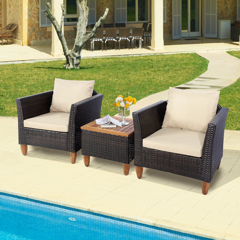 Ensemble de conversation Bjana pour 2 personnes en acacia avec coussins, Beige, Mélange de brun