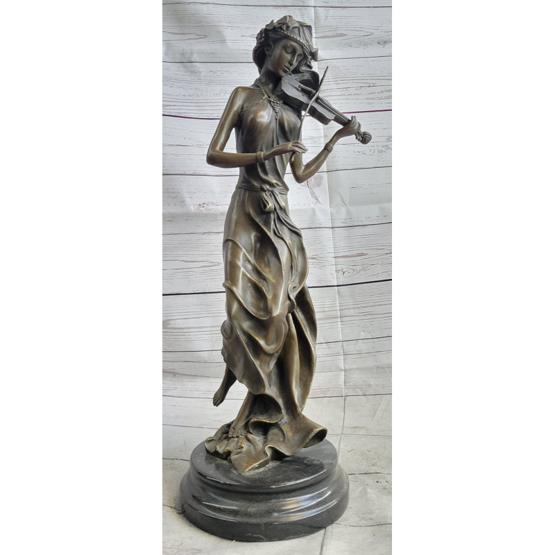 Statue de femme violoniste violoniste musicienne sculpture en bronze sur base de marbre