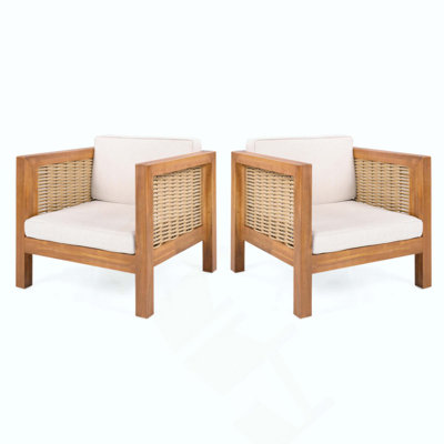 Ensemble de 2 fauteuils club d'extérieur, structure en bois d'acacia avec accoudoirs et coussins en osier, capacité de 400 lb