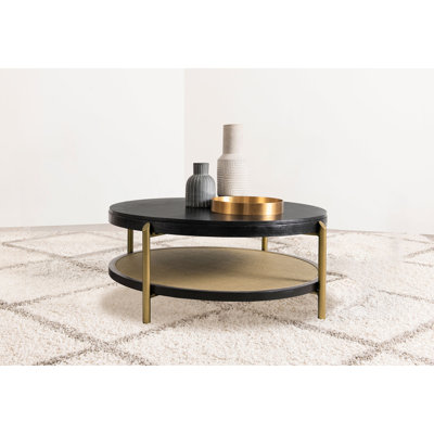 Table basse ronde avec fini noir, tablette de rangement et structure en bois dur asiatique