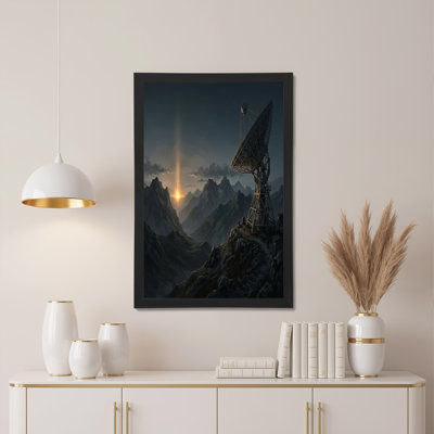 Art sur toile, grand radiotélescope sur une haute montagne au lever du soleil doré