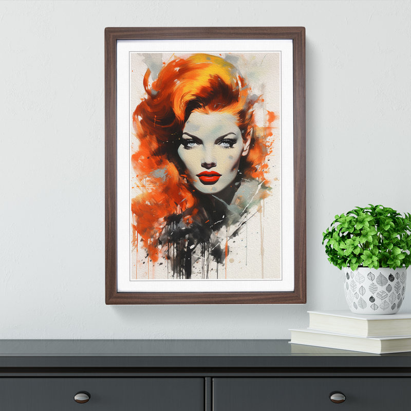 XYZ-FRM-V1223-5440 Red Headed Woman Gestural No.3 - Single Picture Frame Print on Wood, 64cm H x 46cm W x 2cm D, Walnut