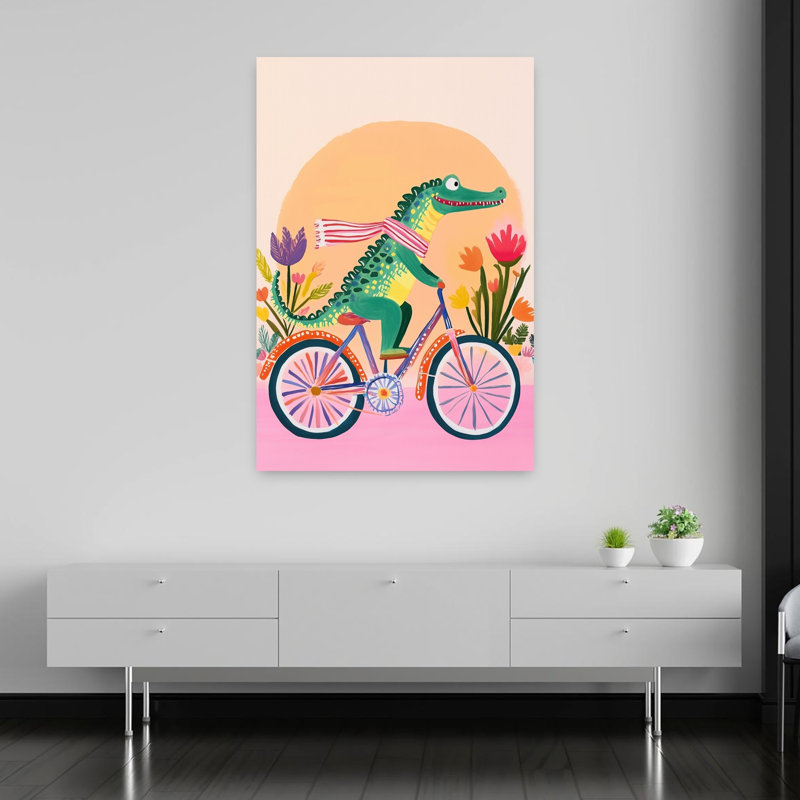 «Happy Alligator Bike Ride Alligator Crocodile Flower», reproduction d'art murale, H 60 po x l 40 po